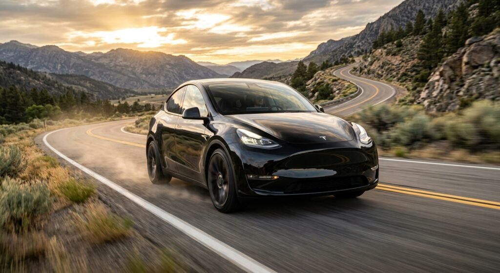 Tesla Model Y Performance driving on a scenic American highway during golden hour.
