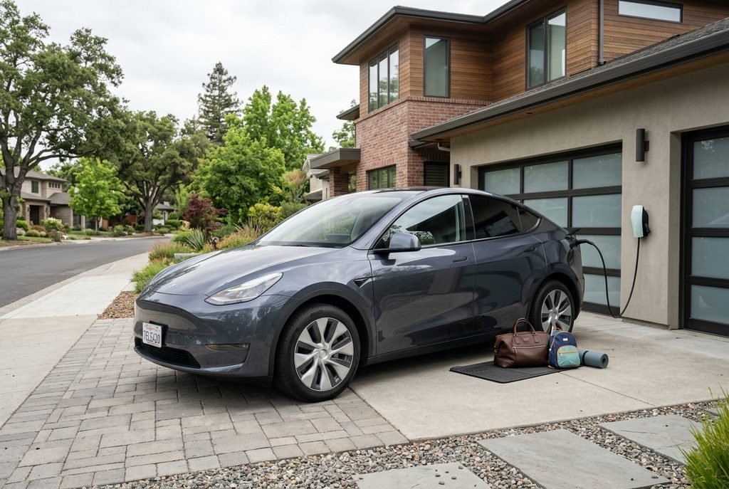Tesla Model Y parked at a modern American home with a residential EV charging station.
