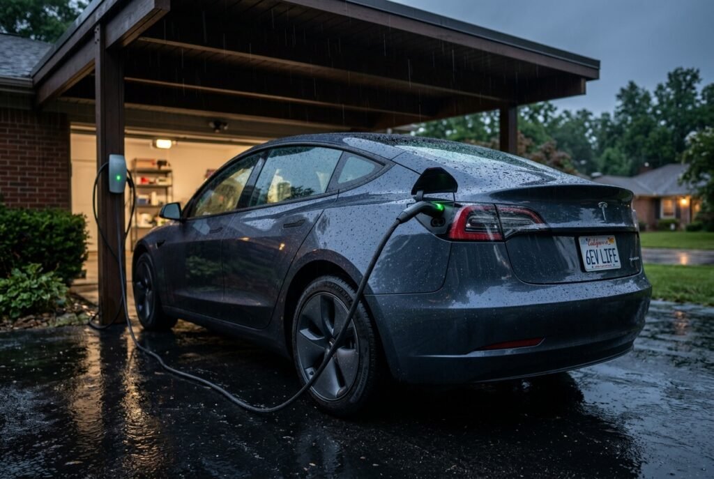 Tesla Model 3 charging at a residential carport on a rainy evening.