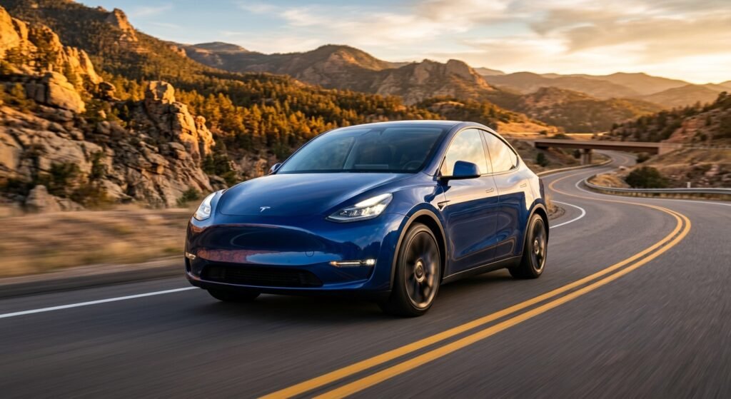 Tesla Model Y driving on a scenic American highway during golden hour.
