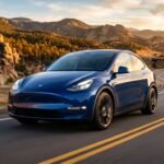 Tesla Model Y driving on a scenic American highway during golden hour.