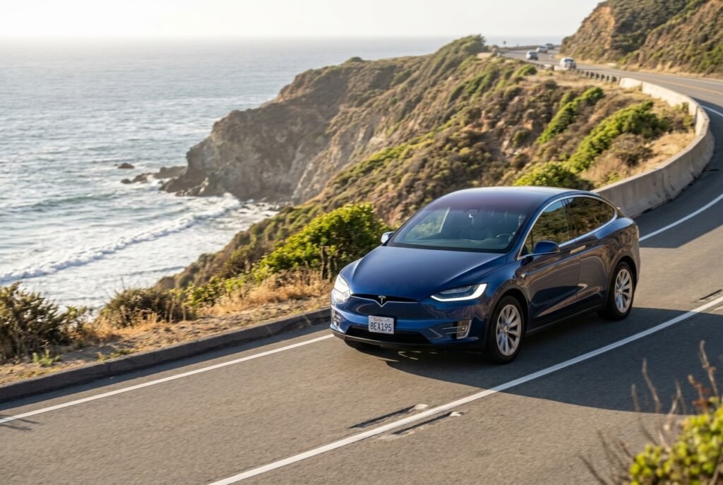Tesla Model X driving along a scenic California coastal highway.