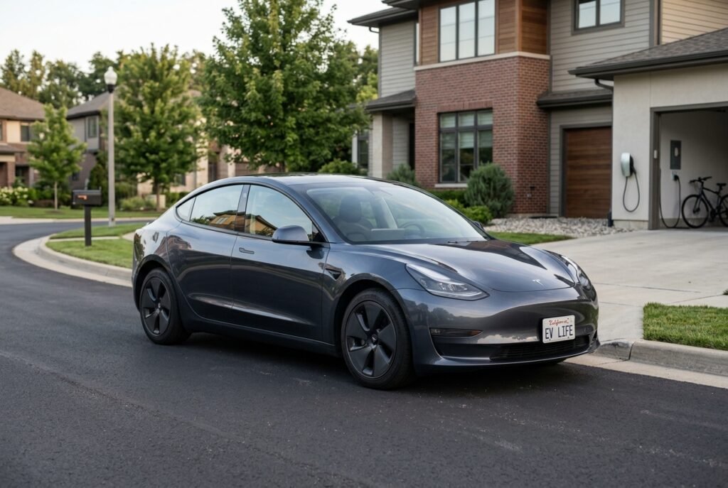 Tesla Model 3 parked at a modern American home with an EV charging setup.