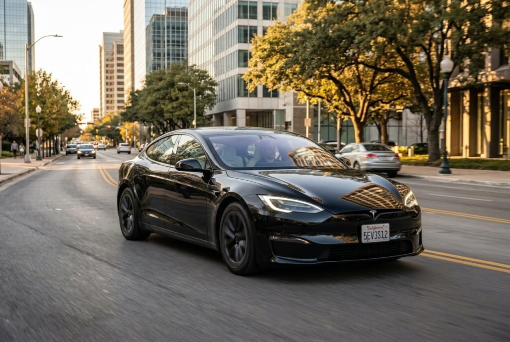 Tesla Model S driving on an upscale American city road during golden hour.