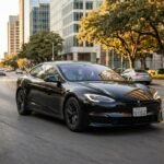 Tesla Model S driving on an upscale American city road during golden hour.