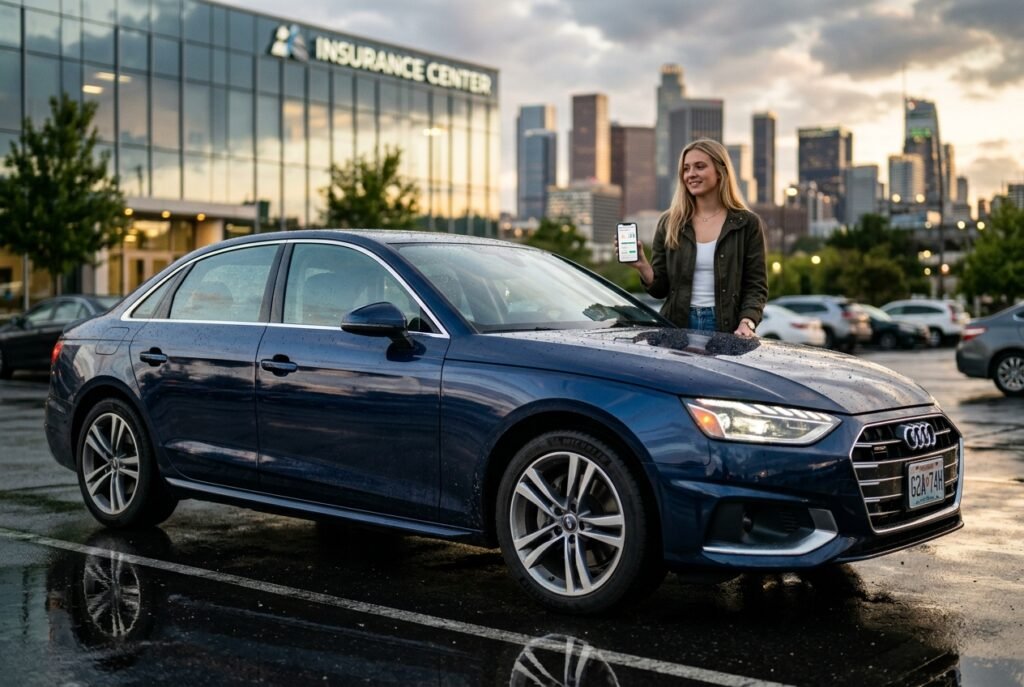 Young American driver comparing a car insurance quote beside a modern sedan.