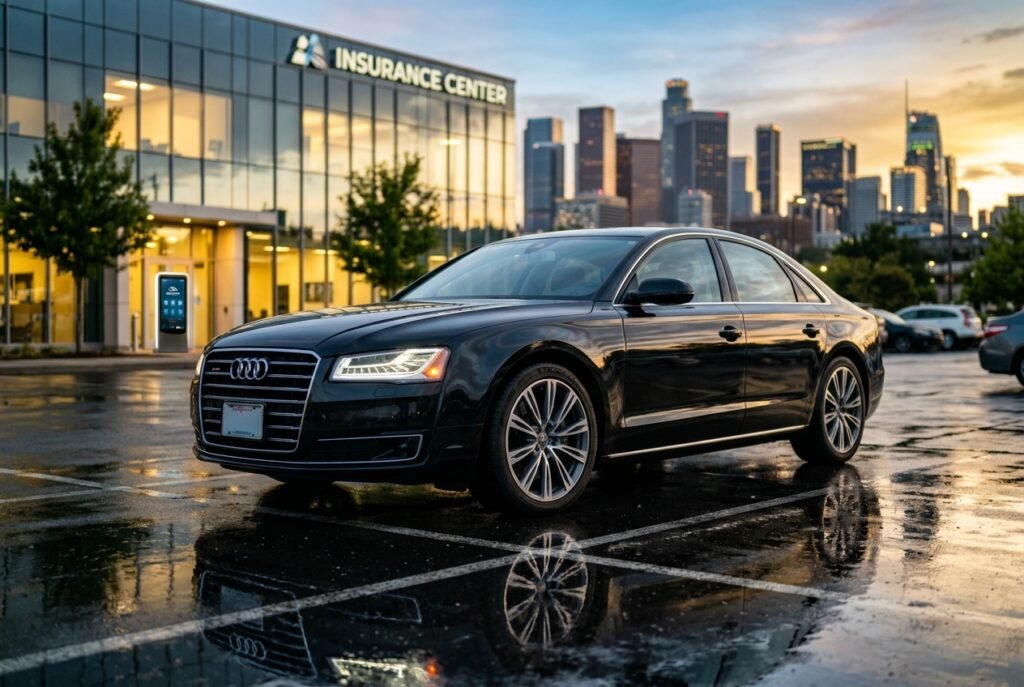 Modern sedan parked outside an American insurance office while a driver compares car insurance quotes.