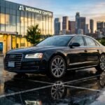 Modern sedan parked outside an American insurance office while a driver compares car insurance quotes.