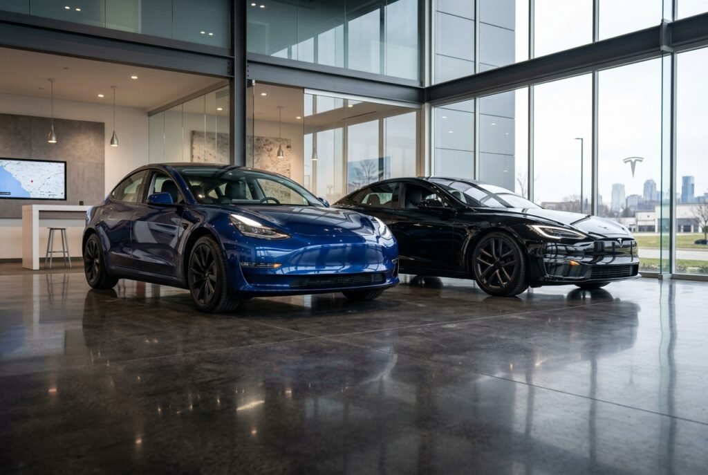 Tesla Model 3 and Tesla Model S displayed side by side inside a modern automotive showroom.