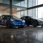 Tesla Model 3 and Tesla Model S displayed side by side inside a modern automotive showroom.