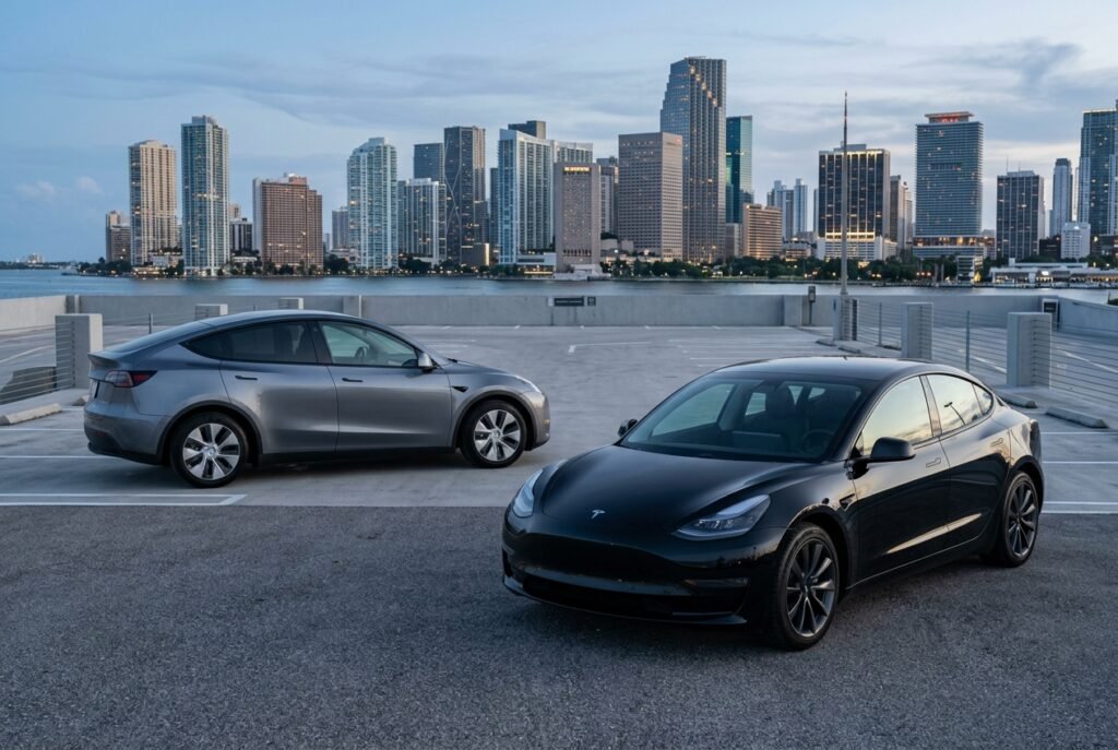 Tesla Model 3 and Tesla Model Y compared on a rooftop overlooking downtown Miami.