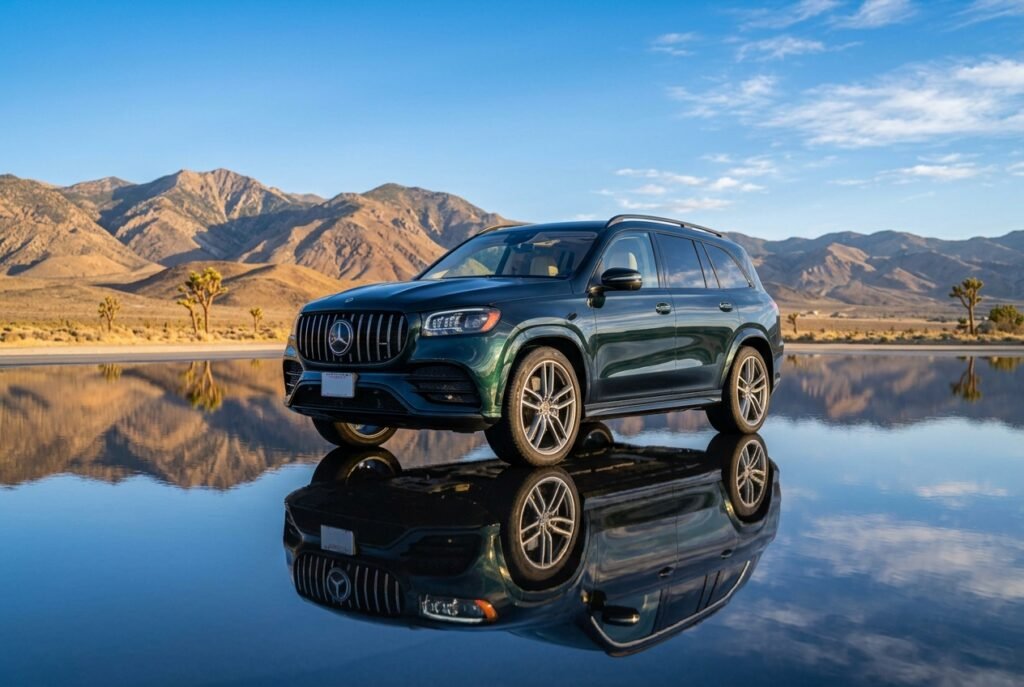 Brand-new luxury SUV parked outside a modern American insurance office at blue hour.